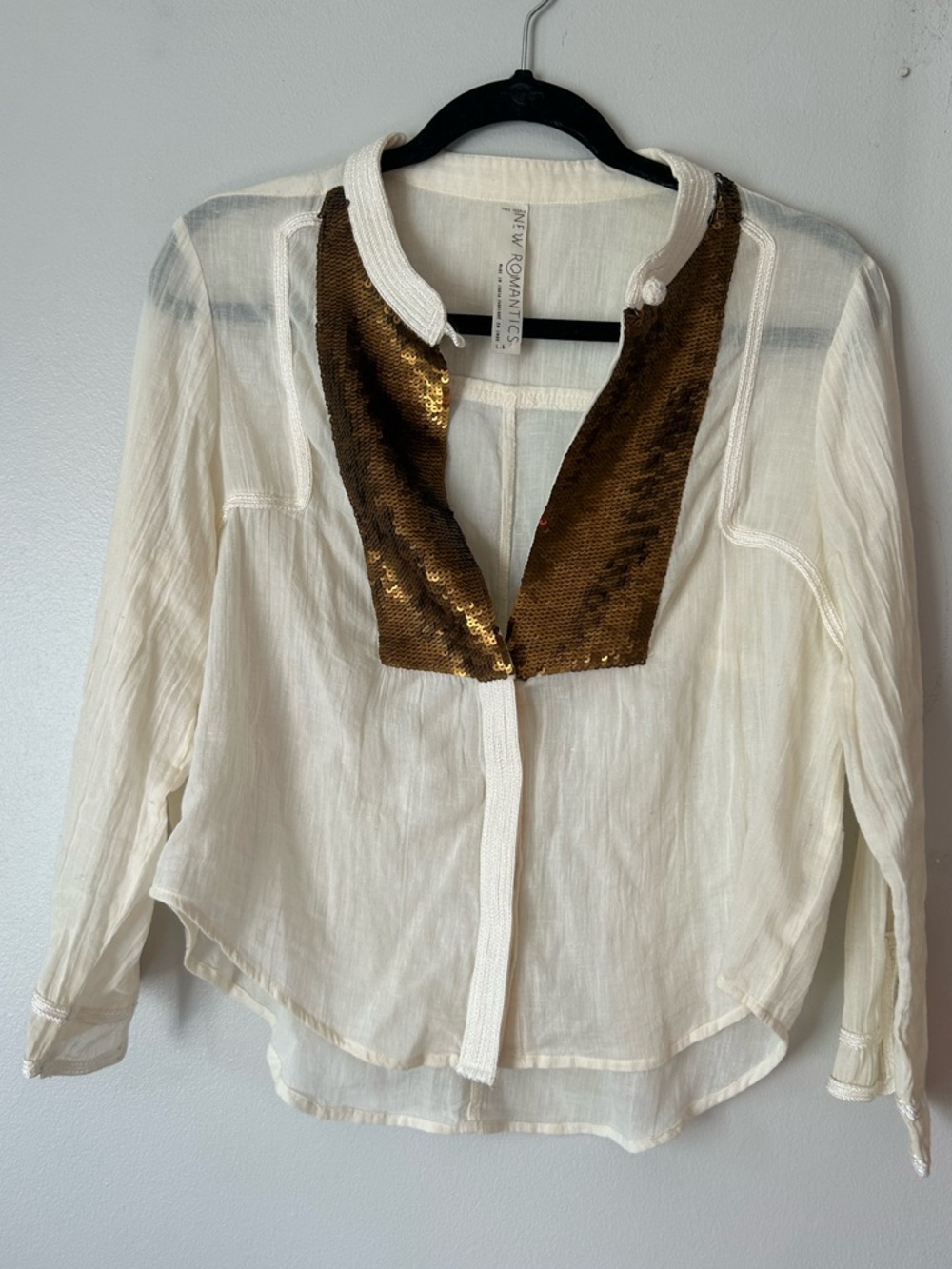 Free People New Romantics Cream Blouse Shirt with Brown Sequin Bib boho L - Picture 4 of 13
